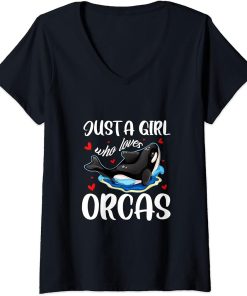 Womens Just A Girl Who Loves Orcas Cute Killer Whales Costume V-Neck T-Shirt