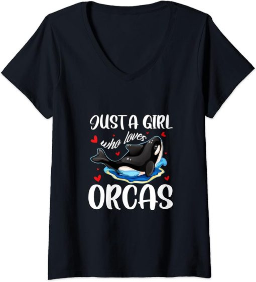 Womens Just A Girl Who Loves Orcas Cute Killer Whales Costume V-Neck T-Shirt