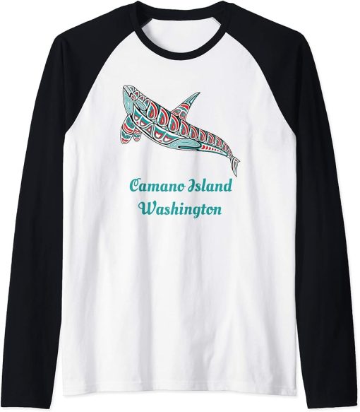 Camano Island Upward Orca Killer Whale Native American Raglan Baseball Tee