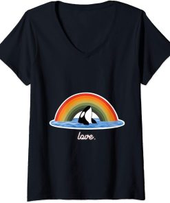 Womens Orca Killer Whale Rainbow Retro Love V-Neck T-Shirt