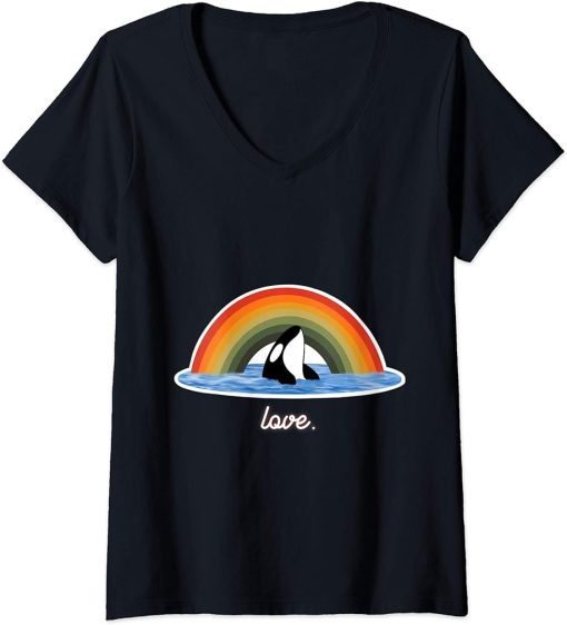 Womens Orca Killer Whale Rainbow Retro Love V-Neck T-Shirt