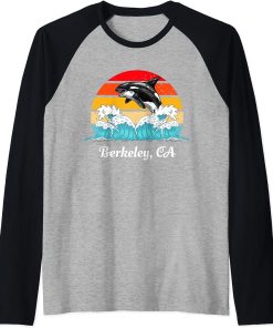 Vintage Berkeley CA Distressed Orca Killer Whale Art Raglan Baseball Tee