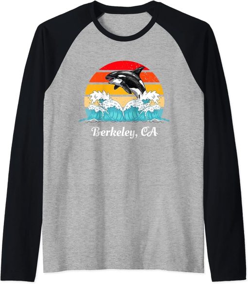 Vintage Berkeley CA Distressed Orca Killer Whale Art Raglan Baseball Tee